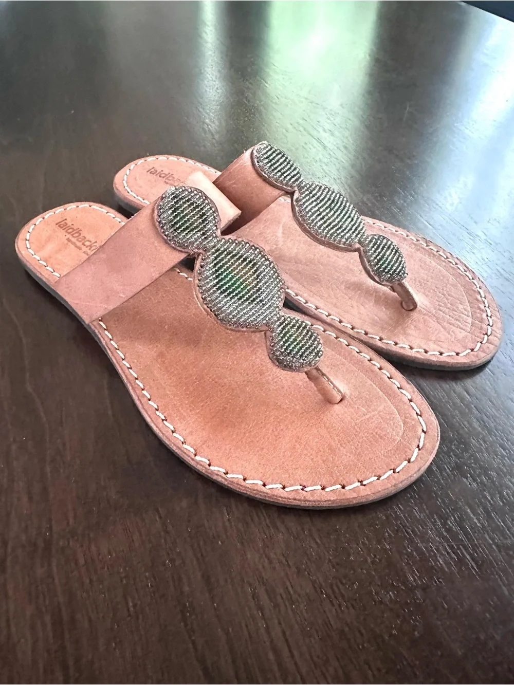 Free People Laidback London Brown Leather Beaded T Strap Sandals Brown Green 7